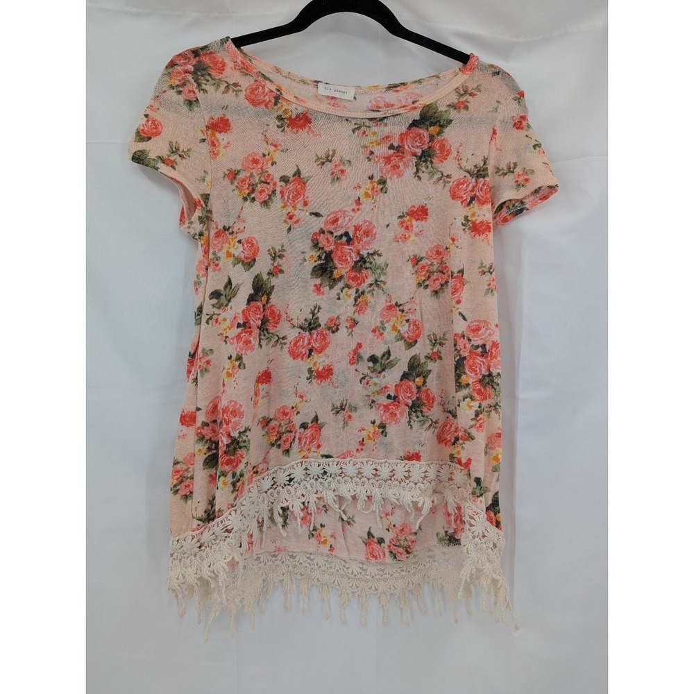 Blu Planet Floral Crochet Lace Top L Peach Fringe Hem Boho Cottagecore Romantic